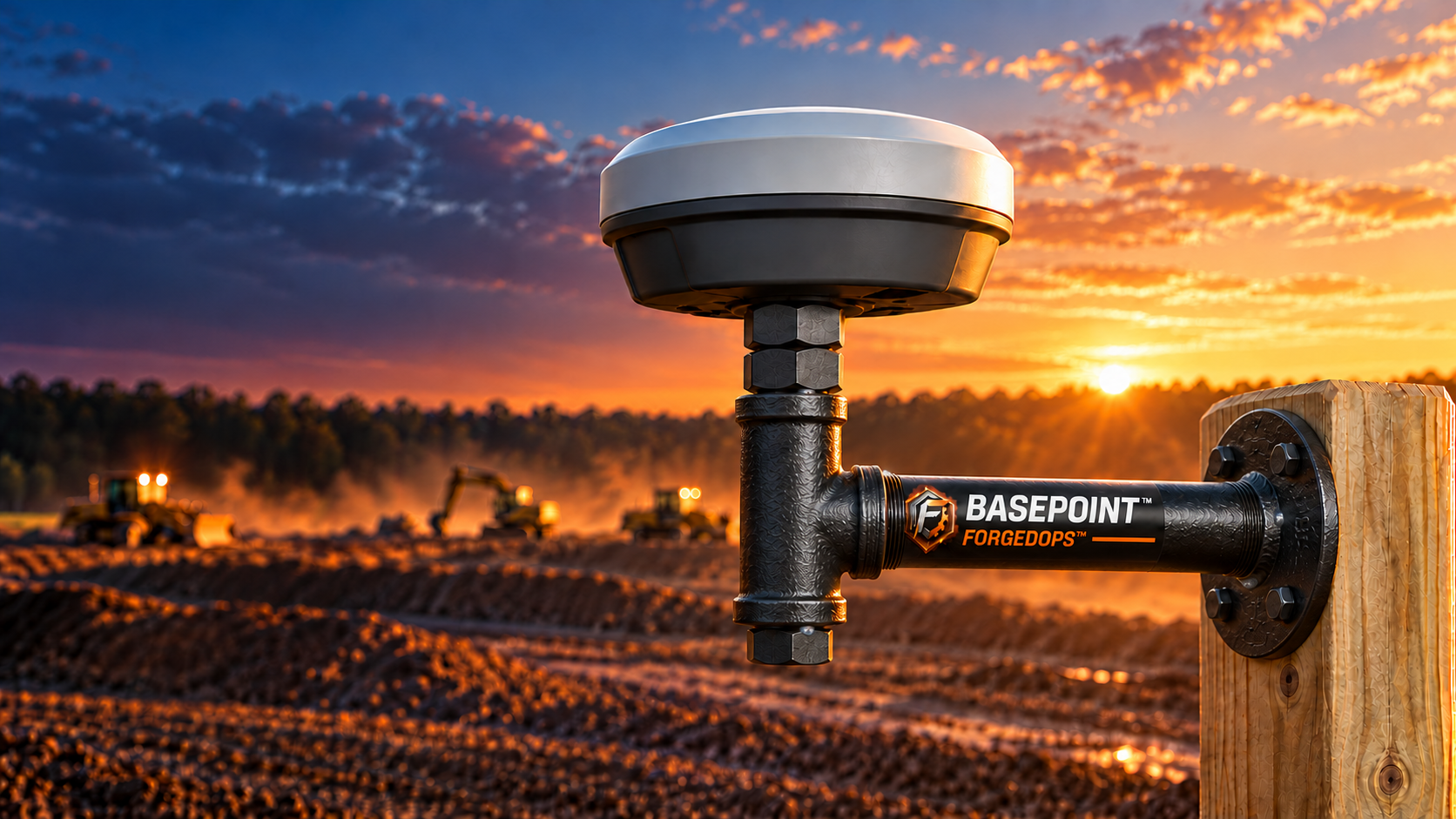BASEPOINT mounted on a post supporting a GNSS receiver at sunset