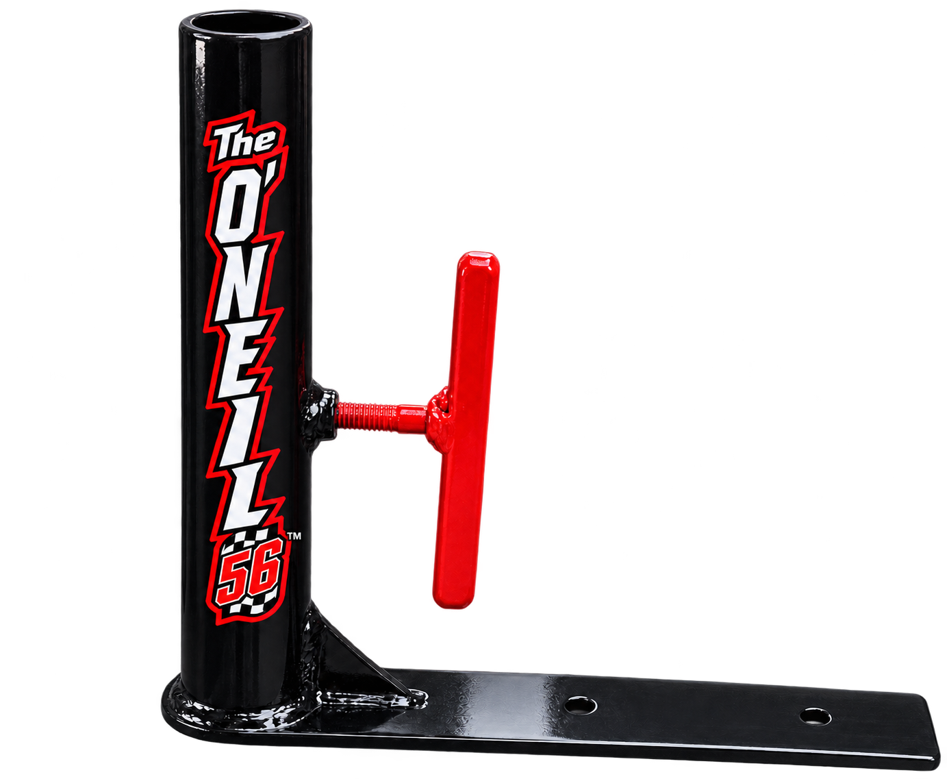 O’Neil 56 mount showing the upright pole sleeve, red T-handle and two-hole mounting plate