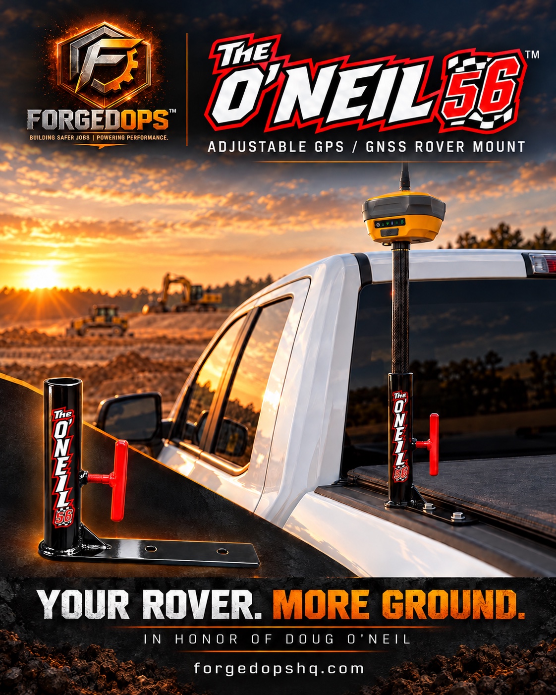 The O’Neil 56 adjustable GPS GNSS rover mount pictured on a pickup at a jobsite, in honor of Doug O’Neil