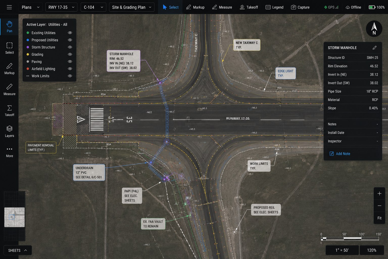 ForgedOps Plans · FAA airfield · RWY 17-35 Site & Grading · taxiway, storm manhole, work limits