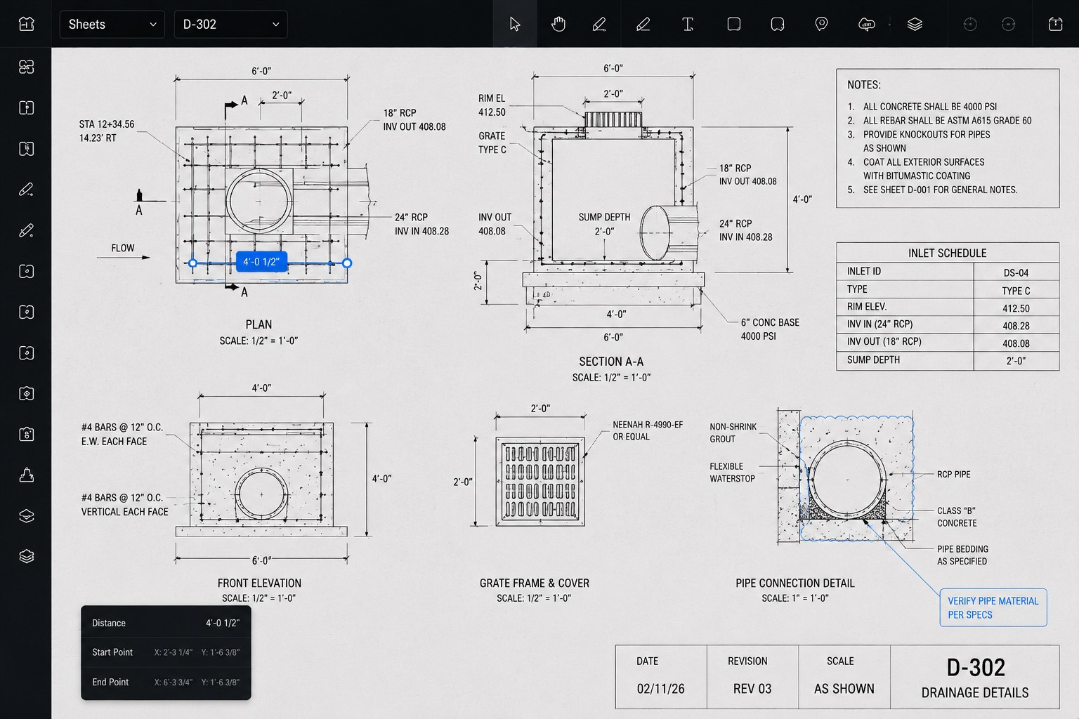 ForgedOps Plans · Drainage Details D-302 · plan, section, elevation, grate, pipe connection
