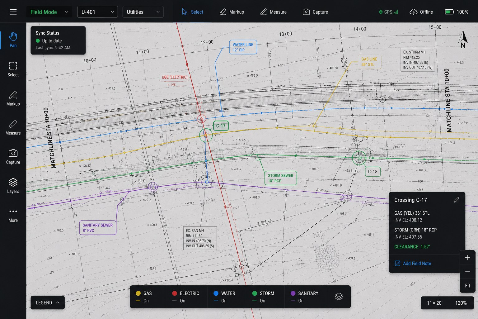 ForgedOps Plans · Field Mode · U-401 Utilities · GAS / ELECTRIC / WATER / STORM / SANITARY layers, Crossing C-17 with 1.57 ft clearance