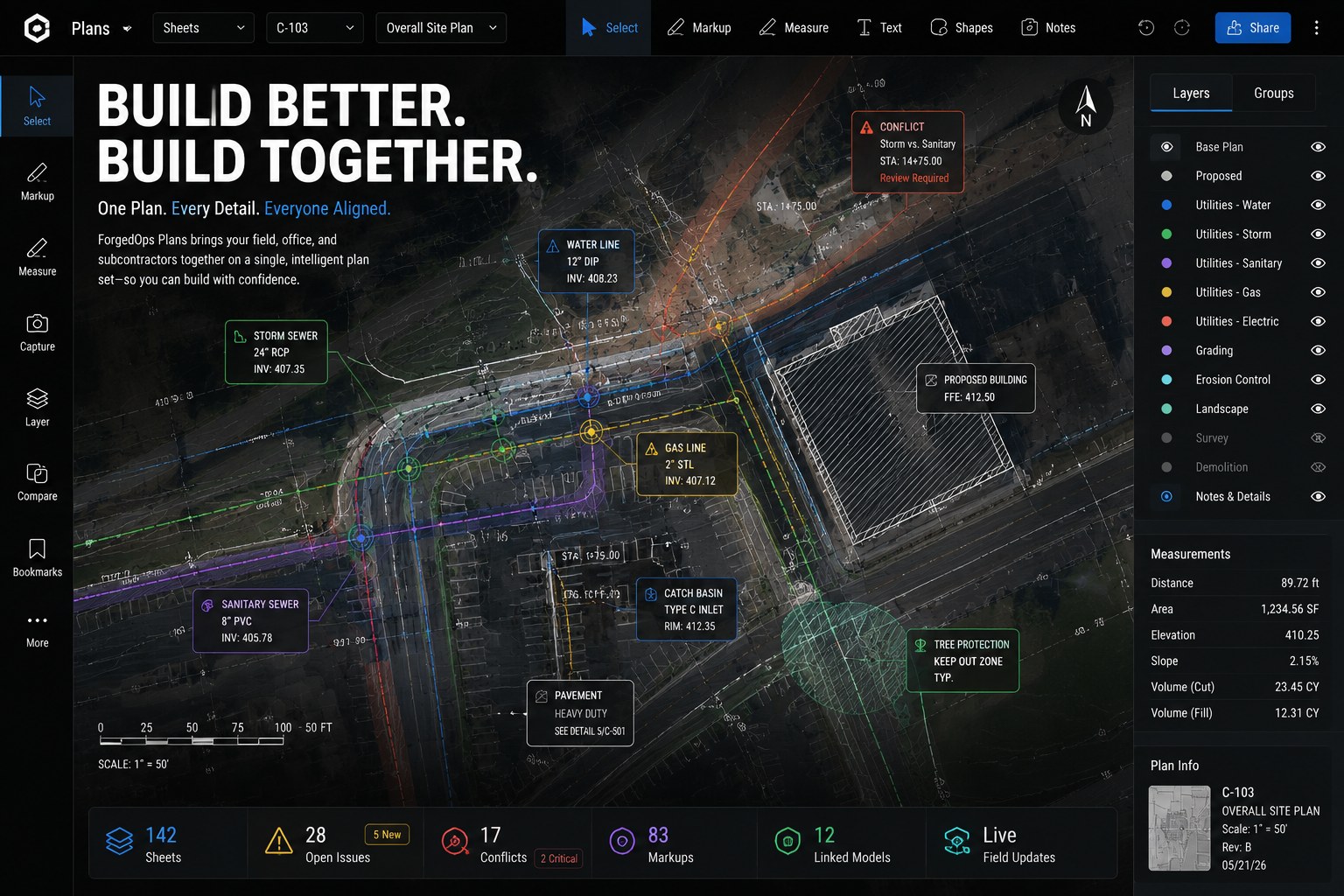 ForgedOps Plans · Overall Site Plan C-103 · layered utility coordination, storm vs sanitary conflict alert, live measurements and markups