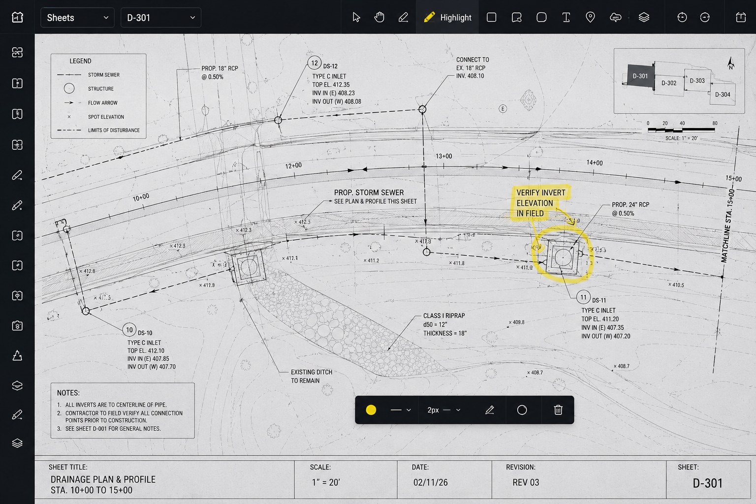 ForgedOps Plans · Drainage Plan & Profile · highlight markup VERIFY INVERT ELEVATION IN FIELD