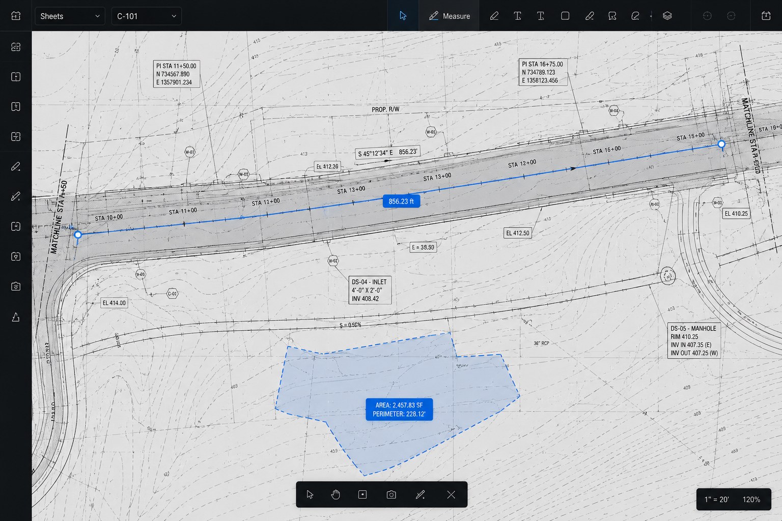 ForgedOps Plans · Roadway sheet C-101 · linear 856.23 ft and area 2,457.83 SF measurements