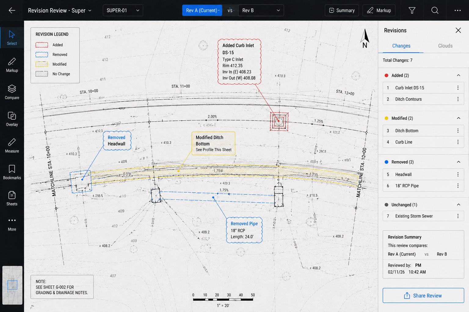 ForgedOps Plans · Revision Review · Super · DS-15 added, headwall removed, ditch bottom modified